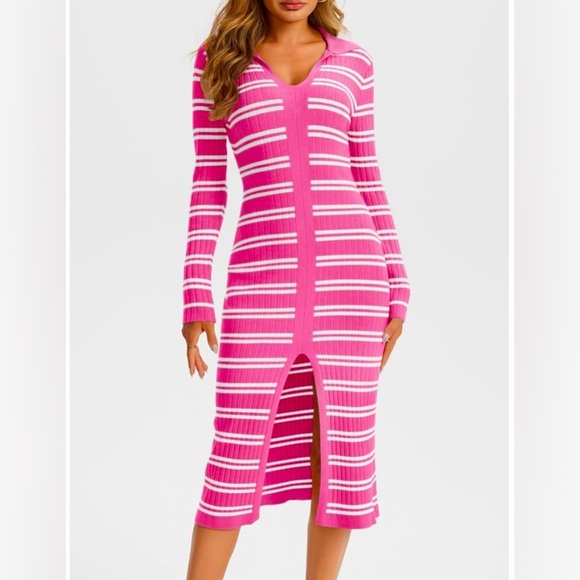 NEW Womens Striped Sweater Dress V Neck Collared Long Sleeve Color Block Bodycon - Picture 1 of 10